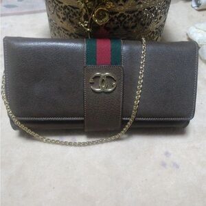 Gucci Brown Leather Clutch with Gold Chain